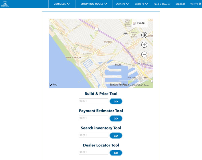 Map generator, server-side API component, enabling the display of Honda Autos service centers within a zip code radius. Honda Autos UI/UX guidelines were implemented to make the server-side API component fit effortlessly as part of the Honda Automobiles web ecosystem